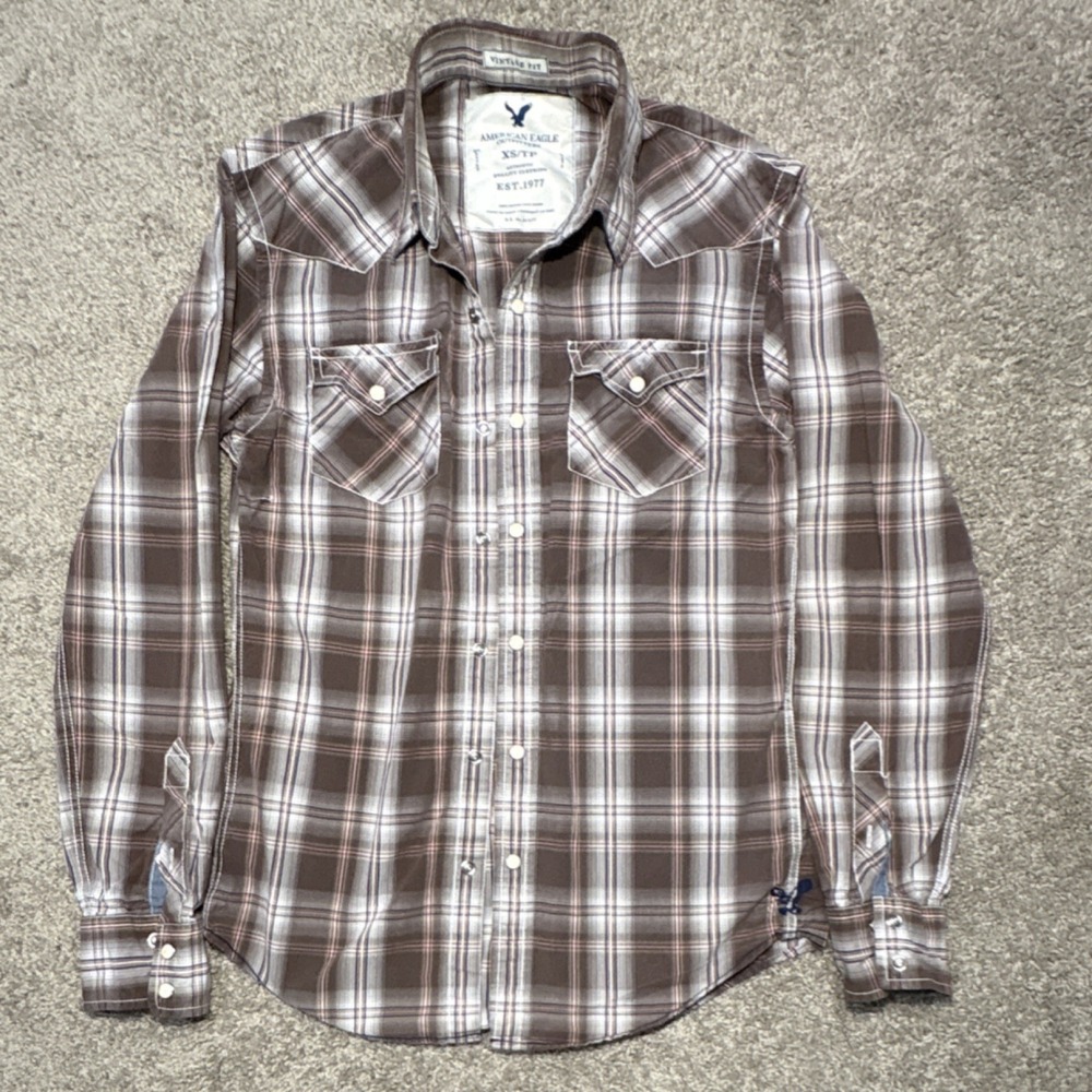 American‎ Eagle Outfitters Mens XS Vintage Fit Plaid Cotton Button Up Pockets